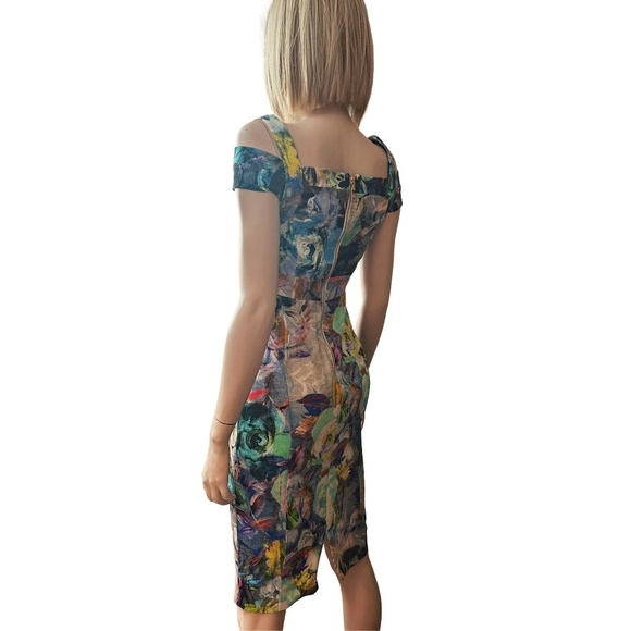 Nicole Miller New York Wiggle Sheath Dress Cold Shoulder Abstract Floral Multi - Picture 11 of 16